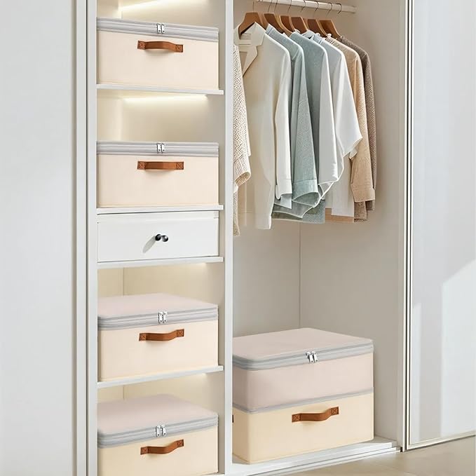 Large Closet Storage Bins - Compression Organizer Bins, Stackable Closet Organizer, Expandable Under Bed Storage Containers for Clothes, Towels, Sheet, 4 Pack, Beige