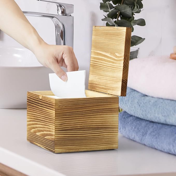 Disposable Face Towel Holder, Burnt Wood Box Compatible with Clean Towels XL(NOT Included), Black Container for Cleansing Facial Dry Wipes, Face Towelettes Bathroom Counter Storage