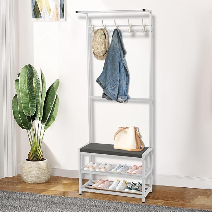 Coat Rack Shoe Bench, 23.62"x62.99" Entryway Stool with Coat Rack, Coat Rack Shoe Stool 3-in-1 with Stool and Shoe Storage, 5 Flexible Hooks, PU Cushion (White)