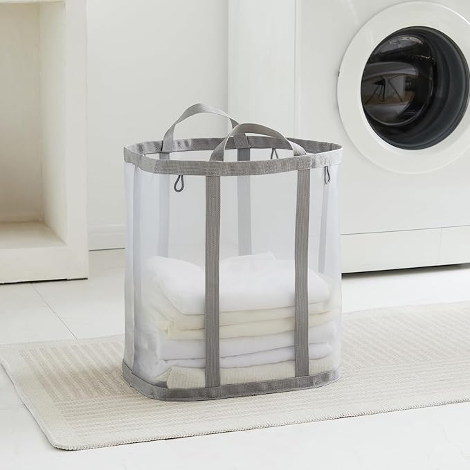 Mesh Laundry bag with Handles, 42L Collapsible Laundry Basket with 2 Hooks, Wall-Mounted Foldable Laundry Hamper Hanging for Bathroom, Dorm or Travel (Grey, 2 Pack）