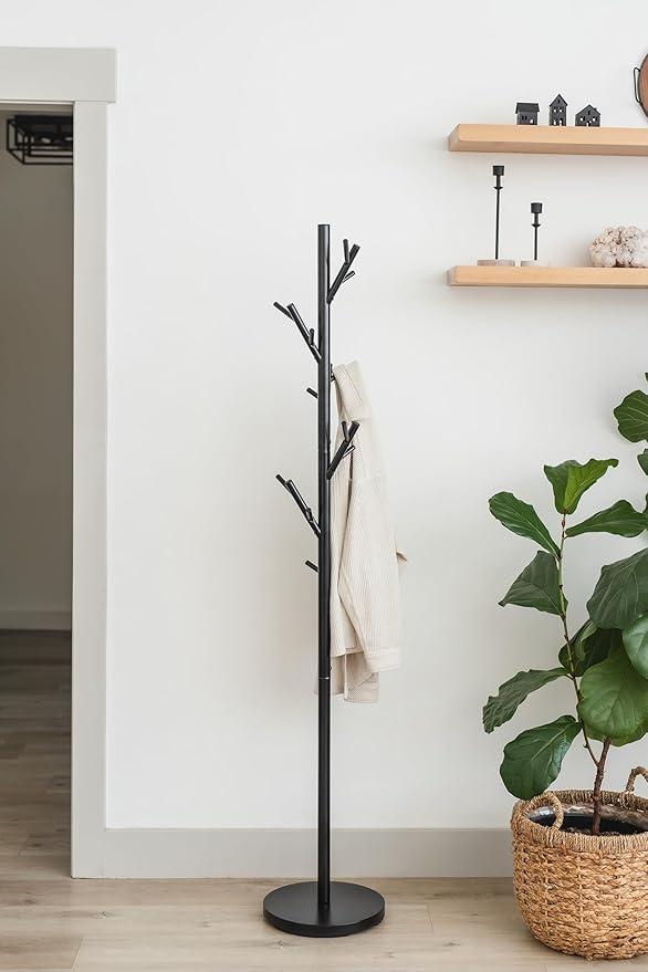 HAOG Freestanding 18-Hook Coat Rack – Black Metal, Powder-Coated Tubular Steel, 12" x 68" | Home and Office Storage Stand, Durable & Stylish for Any Room