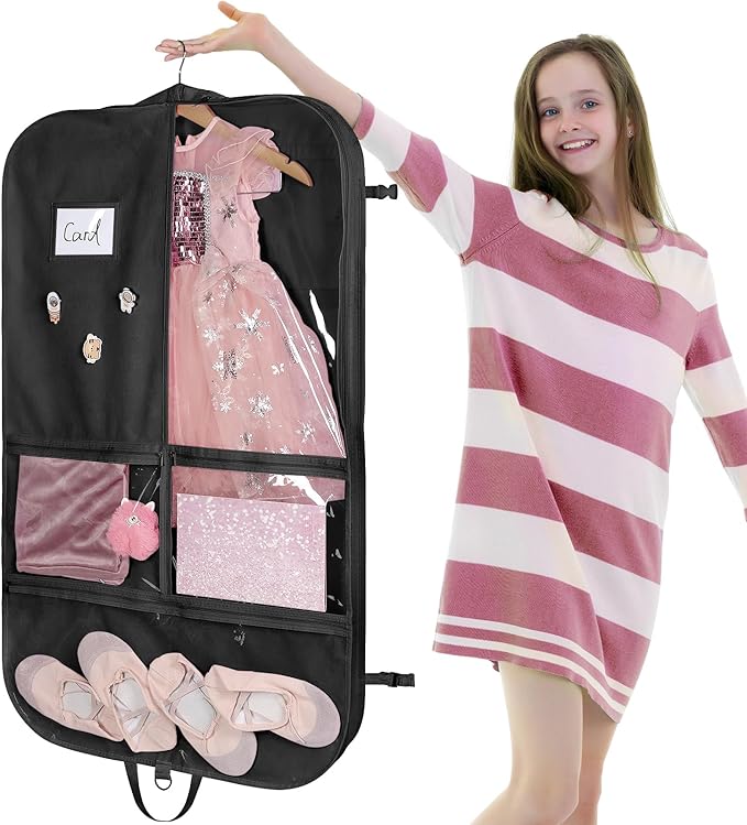 Univivi Dance Costume Garment Bag, 40 Inch Black Costume Bags For Dancers With 3 Medium Clear Zipper Pockets And 2 Back Zippered Pocket, 1 X Pendant, 3 X Badge For Competitions (2 Pack)