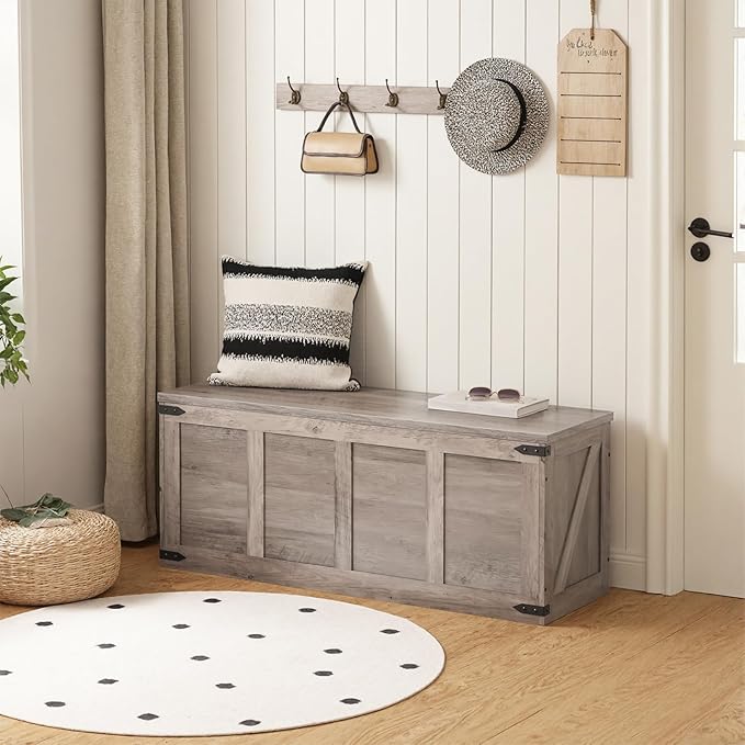 HOOBRO Storage Bench, 47.2”Toy Box Organizer with Safety Hinges, Farmhouse Wooden Storage Chest, for Hallway, Bedroom, Living Room, Greige BG520CW01