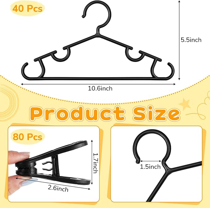 Hsei 5/10/40 Pack Baby Hangers with 10/20/80 Clips, Plastic Kids Pants Hangers for Nursery Closet Top and Bottom Clothes Hanger Set for Newborn Infant Toddler(120 Packs Total,Black,10.6 Inch)