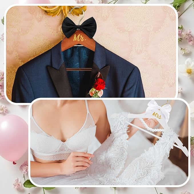 2 Pcs Bride Hanger for Wedding Dress Bride and Groom Wooden Wedding Dress Hanger Set with Bow Tie for Tuxedo Suit Gift Bridal Party Shower