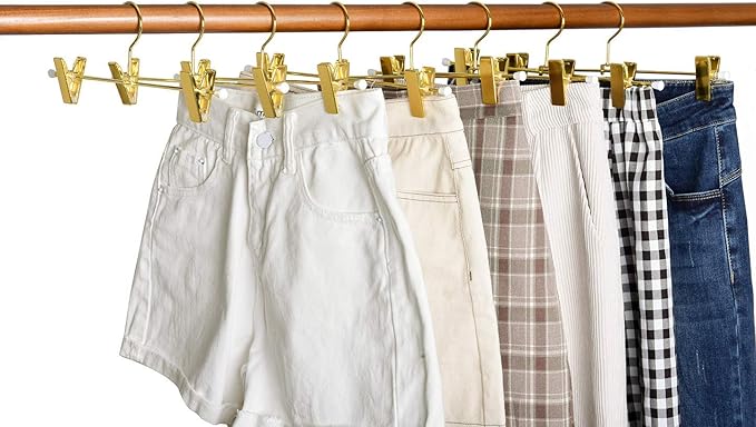 Amber Home 20 Pack Shiny Gold 12 Inch Metal Pants Skirts Hanger, Sturdy for Slacks Trousers with 2 Adjustable Non Slip Clips and Swivel Hook (20 Pack)