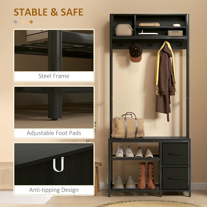HOMCOM Hall Tree with Bench and Shoe Storage, 5-in-1 Entryway Bench with Coat Rack, 3 Storage Compartments, 5 Coat Hooks, 2 Fabric Drawers, Distressed Black