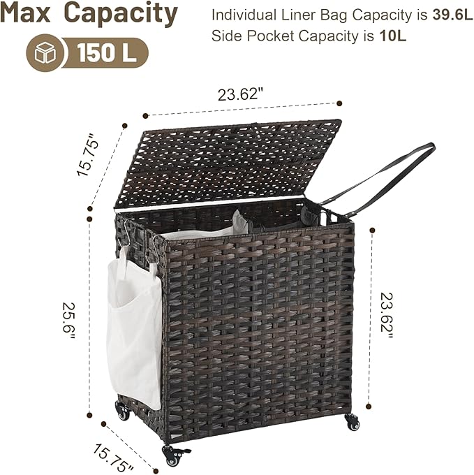 Laundry Hamper with Wheels, 39.6 Gallon(150L) Rolling Laundry Basket with Lid, Removable Large 2 Color Liners & 3 Mesh Laundry Bags, Clothes Hamper with Side Pocket, Brown