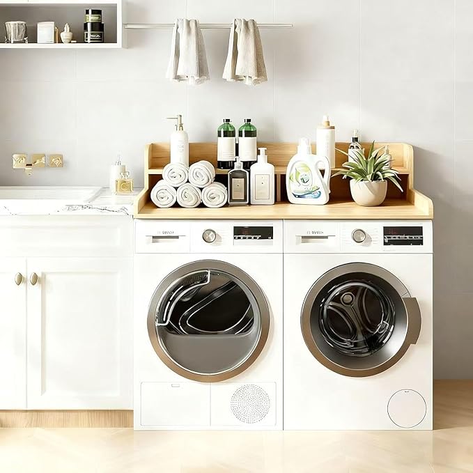 2-Tier Washer and Dryer Countertop, 54" W x 27.6" D Laundry Room Organization,Washer Dryer Topper Storage for Folding Clothes Over Washer and Dryer-Oak