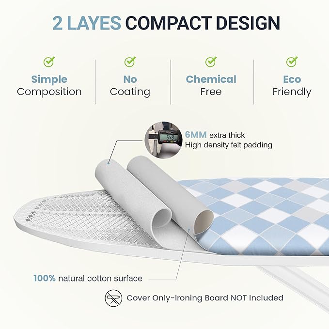 Ironing Board Cover and Pad 15"x54" Extra Thick Natural Cotton, Scorch and Stain Resistant Padding, Standard Size Iron Board Cover with Fasteners Heavy Duty Elastic Edge, Heatproof Checkered