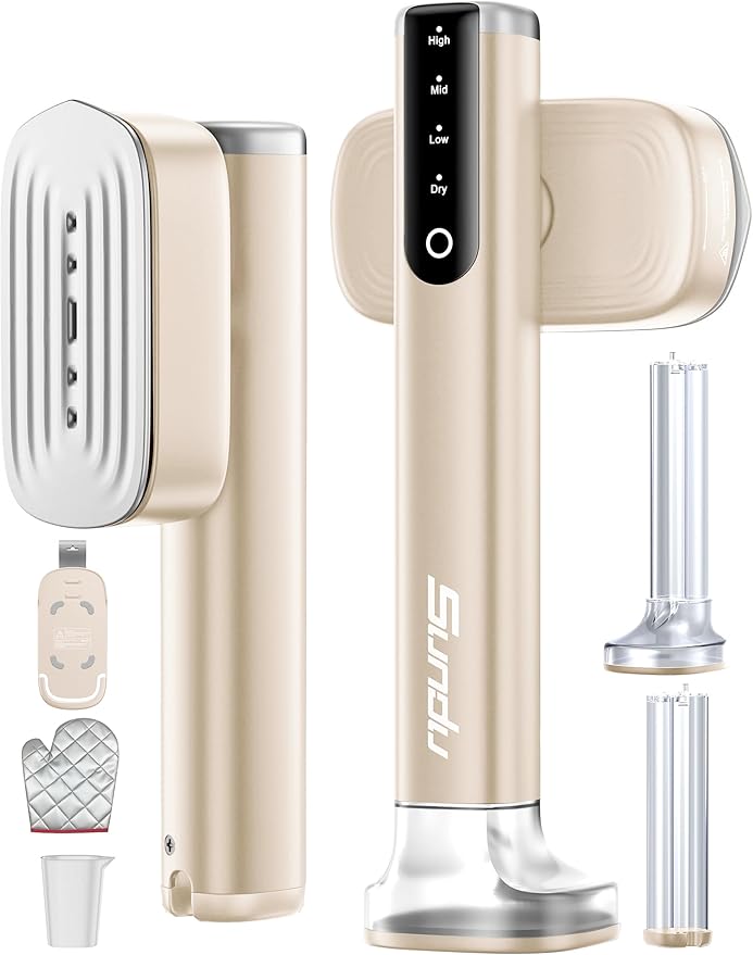 Steamer for Clothes Portable Handheld Garment Steamer,15s Fast Heat-up,100ml,180ml Tank,Steamer Ironing Gloves,35 Minutes of Continuous Ironing for Travel and Home (Pale Gold)