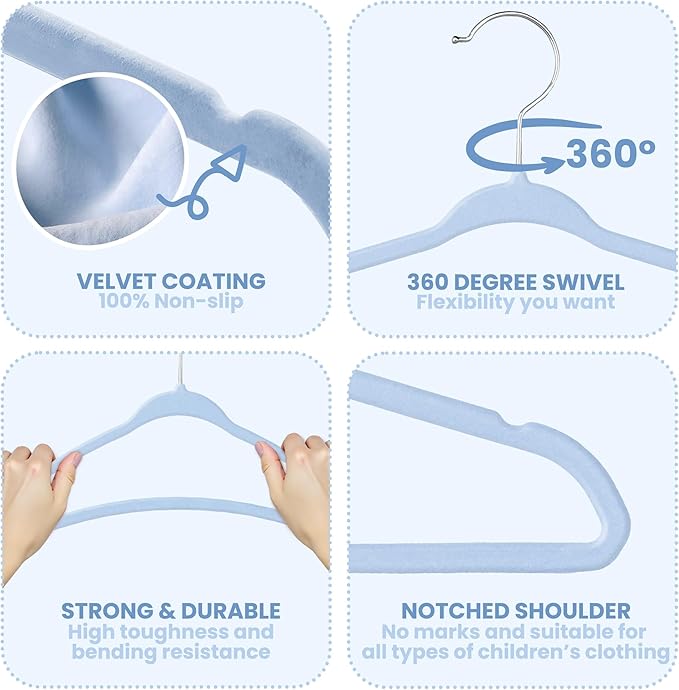 InfiniPower 30 Pack Kids Velvet Hangers, 11 Inch Baby Hangers with Non-Slip Design for Toddler Closet, Infant Clothes, Coats & Skirts, Blue