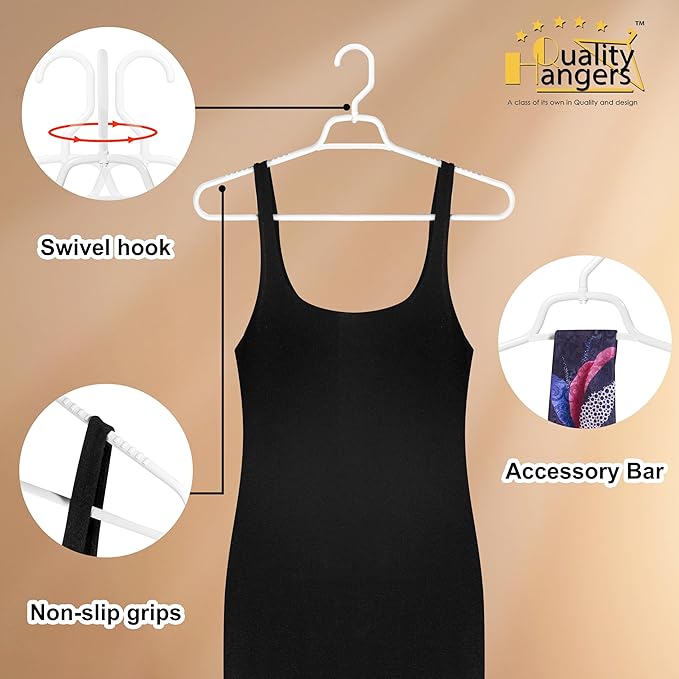 Quality Hangers Heavy Duty White Plastic Hangers 120-Pack with Swivel Hook | 7mm Thick Non Slip Coat Hangers with Accessory Bar | Ideal Clothes Hangers Plastic for Everyday Use | 17 Inches 120, White