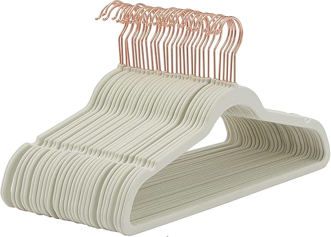 Premium Velvet Clothes Hangers, Heavy Duty Study Black Hangers for Coats, Suit & Dress - Non Slip Clothes Hanger Set (100, Lvory/Rose Gold)