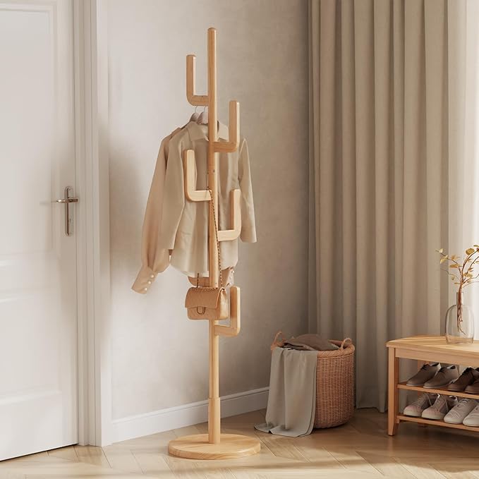 Solid Wood Cactus Coat Rack, Freestanding Coat Rack With 6 L-Shaped Hooks and 3 Adjustable Sizes, Coat Tree for Bedroom, Entryway, Livingroom, Coat Hanger Stand for Coats, Handbags (Natural)