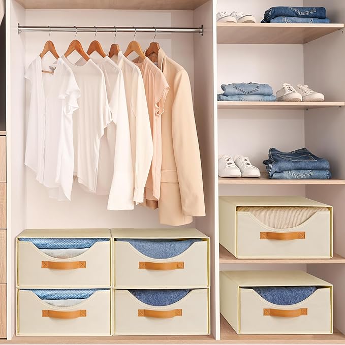 4 Pcs 16.5" Closet Drawers and Large Size Clothes Storage Bins Push-Out Storage Stackable Shelf Drawers with See-Through Window Closet Organizers for Bedroom, Living Room, Under Bed, Beige