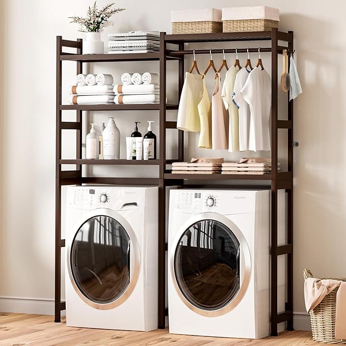 Over The Washer and Dryer Storage Shelf Bamboo,5 Tiers Laundry Room Drying Rack with Adjustable Shelves and 4 Hooks,Space Saver Organizer for Hanging Clothes and Towels (Brown)
