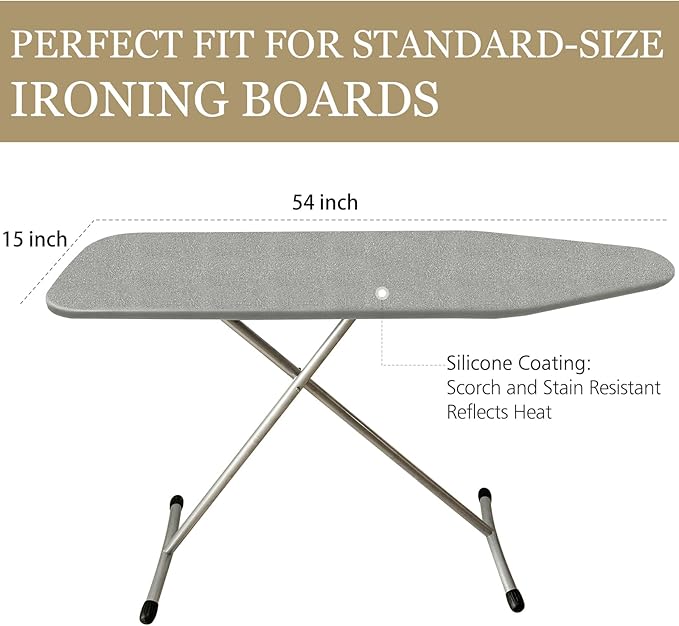 Ironing Board Cover and Pad, 15 x 54 Inch Standard Size, Extra Thick Padding, Silicone Coated Surface, Scorch and Stain Resistant, Elastic Edges, Adjustable Fastener. (Gray, 15＂× 54＂)