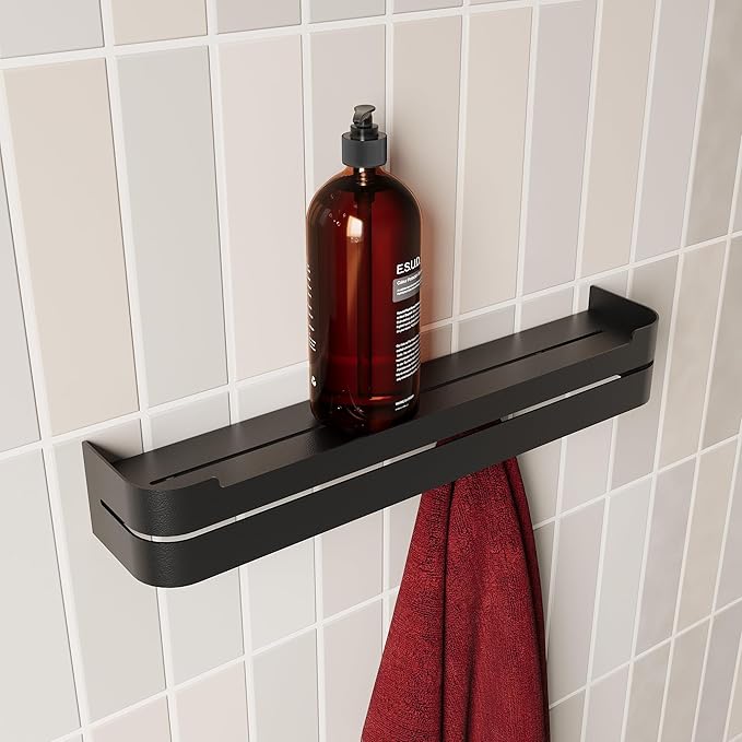 Wall Coat Rack with Floating Shelf – Modern Design in Black Metal – Coat Rack Entrance, Hallway, Bathroom or Bedroom – Bathroom Wall Shelf without Drilling or Screwing – Kitchen Wall Shelves