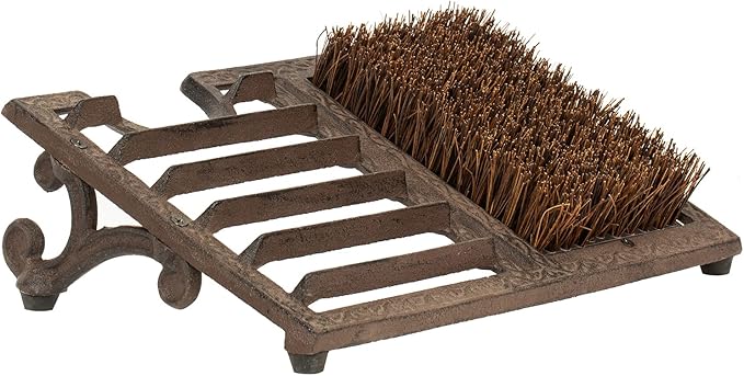 MyGift Boot Brush Scraper Outdoor, Heavy Duty Cast Iron Shoe Scraper Mat, Boot Dirt Cleaner Brush, Vintage Rustic Black Angled, Dark Brown