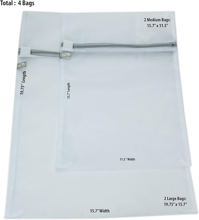 4 Pack - HUJI Micro Mesh Laundry Bags Lingerie Bra Underwear with Secure Zipper Great For Washing Face Masks Perfect For Family And Friends (2 Medium & 2 Large)