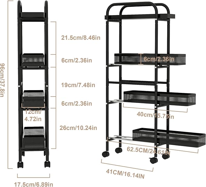 UMDONX Slim Storage Cart 4 Tier with Pull Out Basket Bathroom Organizer Rolling cart, Rolling Utility Cart Slide Out Organizer for Kitchen, Bathroom, Laundry Black