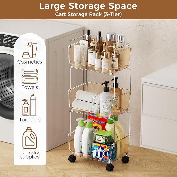 Delamu 3-Tier Metal Rolling Cart for Kitchen, Bathroom, Office, Plastic Utility Storage Carts with Wheels, Ideal for Small Spaces, Pantry, Classroom, Workshop Organization and Storage, Amber