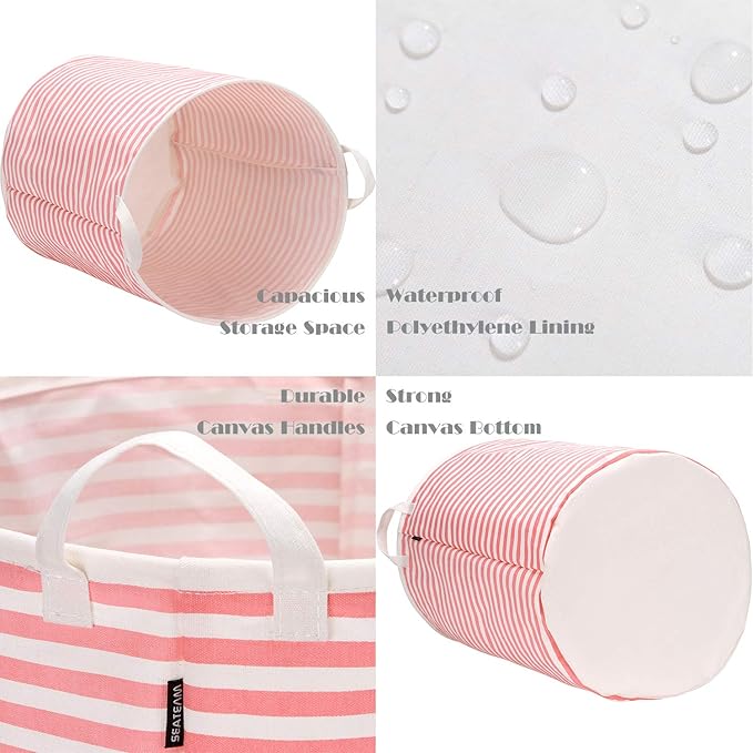 Sea Team 19.7 Inches Large Sized Waterproof Coating Ramie Cotton Fabric Folding Laundry Hamper Bucket Cylindric Burlap Canvas Storage Basket (19.7", Navy Blue & White Stripe)