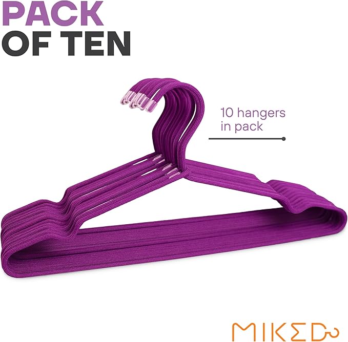 10-Pack of Fabric-Wrapped Metal Hangers Features a Strong Metal Frame, Soft Fabric Coating, Non-Slip Design, preventing Damage, and Providing Secure, Space-Saving Garment Storage. (Purple)