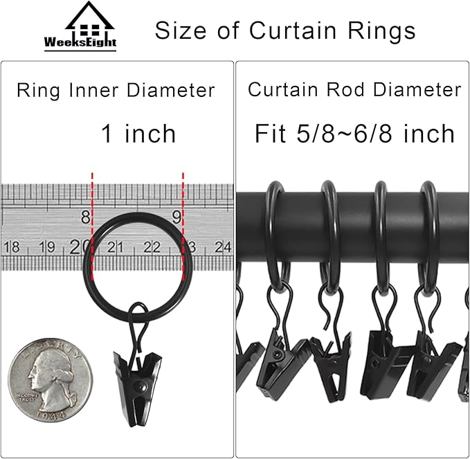 44 Pack Black Curtain Rings with Clips, Curtain Hooks Hangers Clip Rings for Hanging Drapes Bows Hat, Drapery Rings 1 in I D, Fits up to 5/8 in Diameter Curtain Rod.