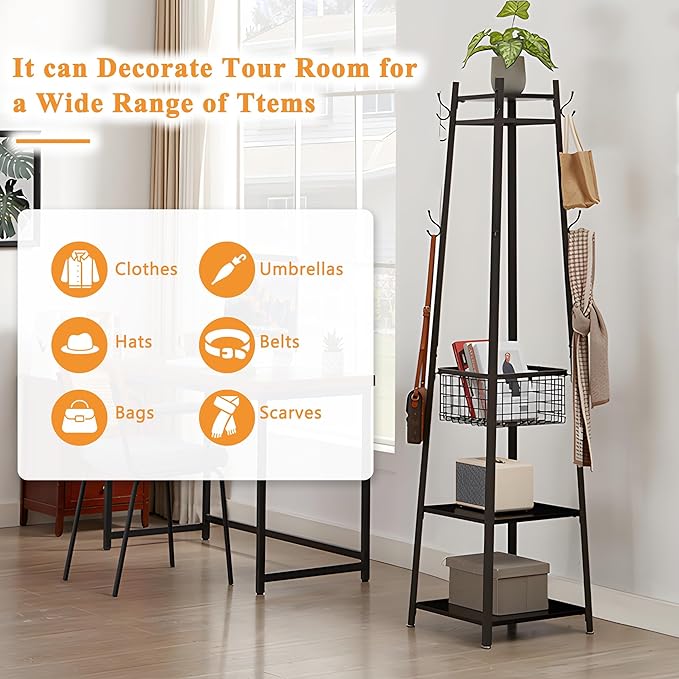 VECELO Coat Rack Freestanding,Hall Tree with Metal Basket and Storage Shelves,Industrial Coat Rack Stand with 8 Hooks for Hanging Coats/Hats/Bags/Umbrellas,18 x 18 x 72 In,Matte Black