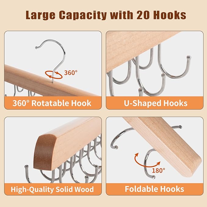 Bra Hanger for Closet Organizer, Wooden Tank Top Hangers with 20 Foldable Hooks, 360° Rotating Design, Space Saving Storage for Tank Tops, Bras, Scarves, Belts, Ties etc (1, Wood)