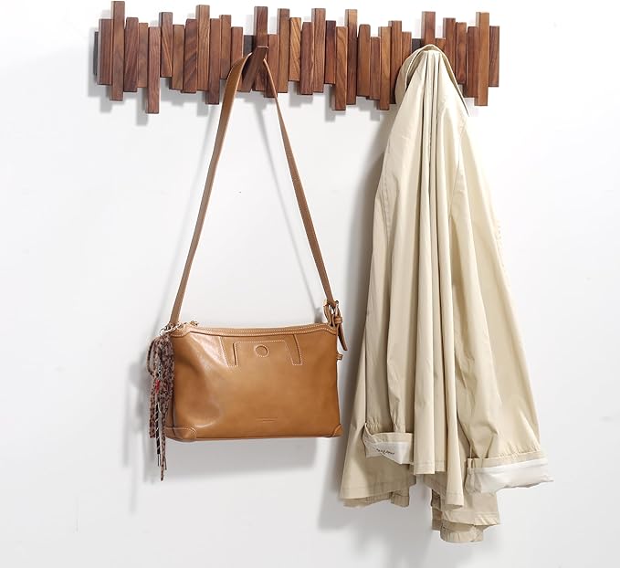 DESAINOPH® Wooden Coat Rack Wall Mounted Sticks Multi Rack Solid Handmade Natural Walnut Wood Artwork with 5 Flip-Down Unique Modern Hooks for Coats Bag Hat Umbrella