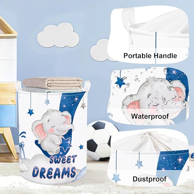 Sleeping Animals Baby Laundry Hamper Collapsible Clothes Kids Storage Basket Large Boys Girls Gift Toy Box Bin for Nursery, Elephant, 63L