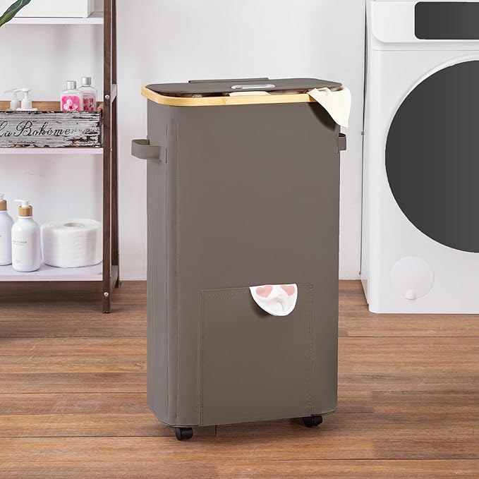 Laundry Basket with Wheels, Tall Dirty Clothes Hamper on Wheels, Rolling Laundry Hamper with lid for Dorm, Bedroom and Bathroom