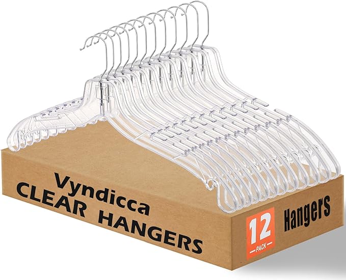 12 Pack Clear Plastic Hangers,Shirt Hanger Clear Hangers with 360 Swivel Metal Hook,Heavy Duty Dress Hangers Coat Hangers for Clothes Shirts Dresses,16.7 Inch