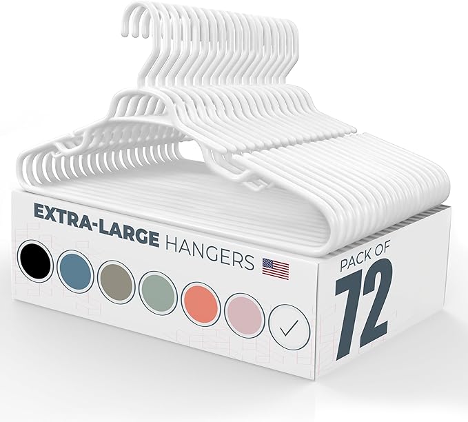 Neaties Large & Wide Heavy Duty Clothes Hangers 50+ Pack (72 Count) – Made in USA – Ideal for Plus Size Clothing – 10lb Plastic Hangers with Notches for Oversized Adult Coats & Pants – White