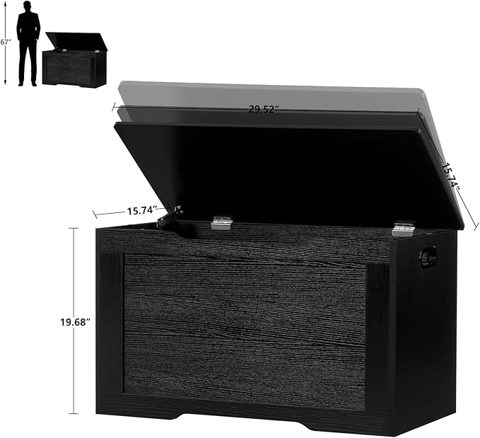 usikey 29.5” Storage Chest, Toy Box with Safety Hinge & Gel Bumpers, Toy Chest, Lift Top Storage Trunk, Supports 220 lb, for Living Room, Bedroom, Entryway, Black