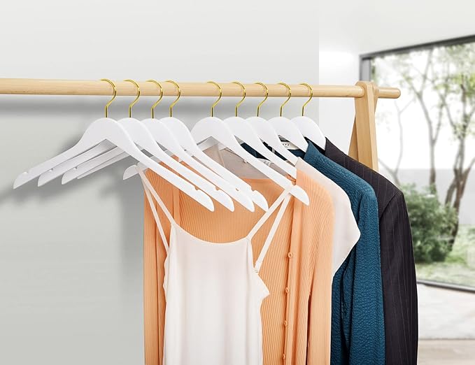 Amber Home 24 Pack White Wooden Hangers with Gold Hooks, White Wood Shirt Hangers with Notches for Dress, Coat, Bridal