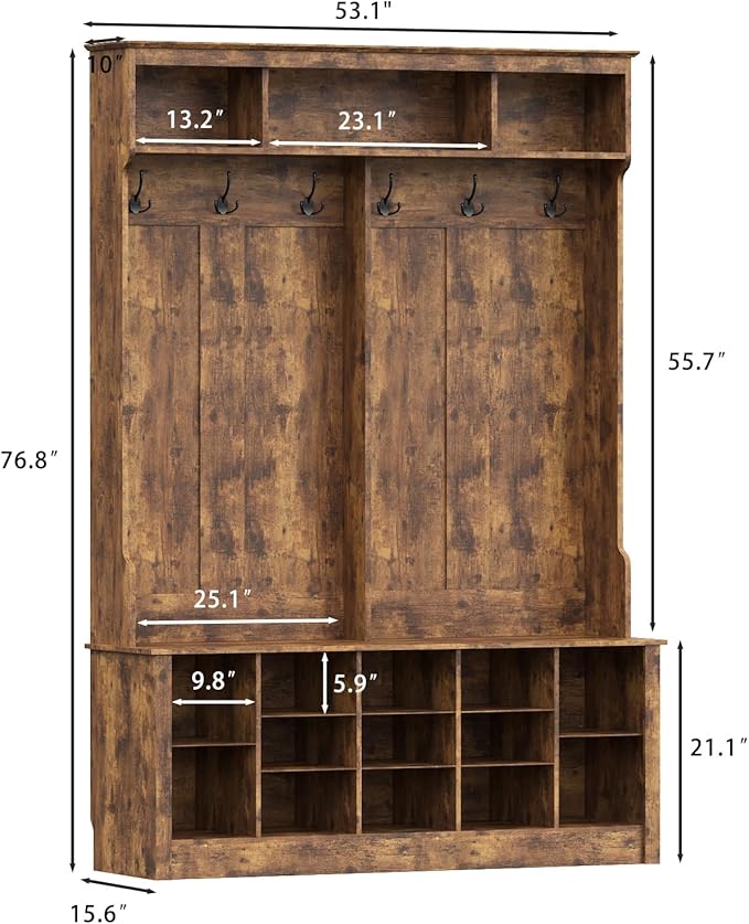 Hall Tree with Bench and Shoe Storage, 53" Farmhouse 4-in-1 Mudroom Storage Organizer with Coat Rack, 6 Hooks, 12 Shoe Cubbies, Adjustable Shelf, for Entryway, Hallway, Living Room, Brown