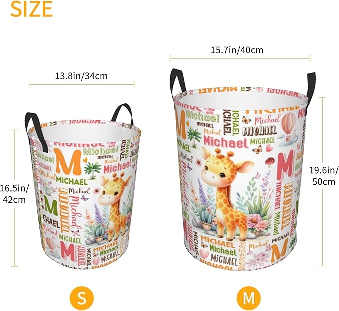 Personalized Giraffe Laundry Basket For Baby Kids Boys Girls Adult Custom Hamper Basket With Name For Bathroom Bedrooms Collapsible Baby, Dirty Clothes Hamper With Handles