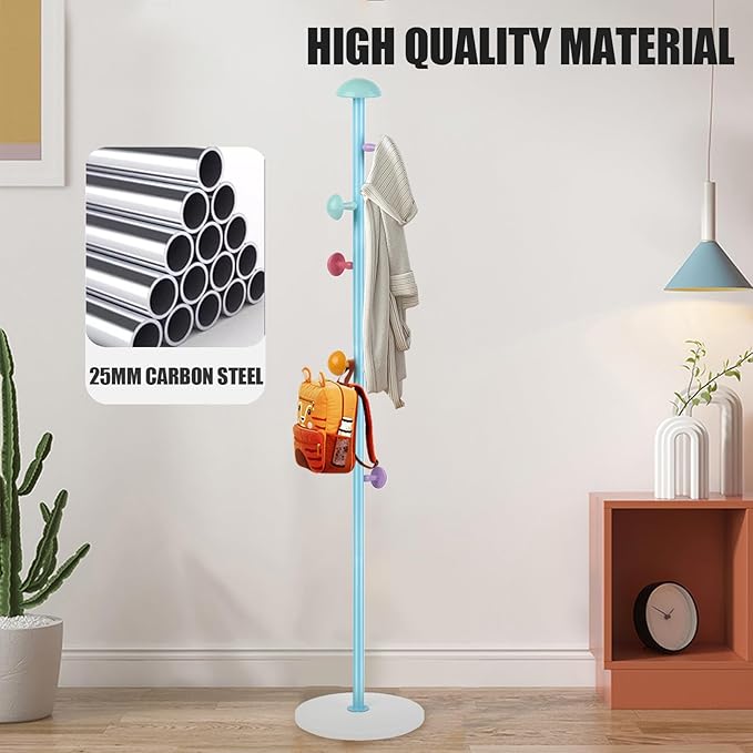 Mushroom Coat Rack, Metal Coat Tree Stand with 7 Hooks, Marble Base, 2 Adjustable Height Freestanding Coat Rack for Coats, Hats, Scarves and Handbags for Entryway, Hallway, Bedroom, Office, Blue