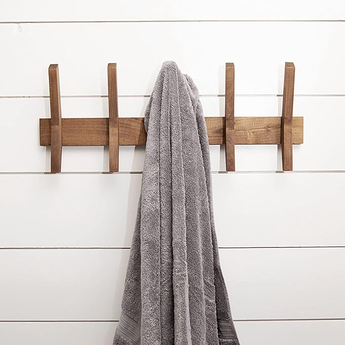 24-Inch Mid Century Coat Rack with 5 Wooden Hooks, Farmhouse Style Hookrail for Bedroom, Living Room, Hallway, and More, Solid Wood, 9.5" H x 24" W x 2.25" D, Walnut