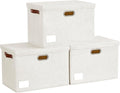 15" Large Collapsible Storage Bins with Lids, Stackable Closet Organizers with PU Handle and Labels, 3-Pack Decorative Fabric Storage Boxes for Home, Bedroom, Closet, Office, Nursery(White)