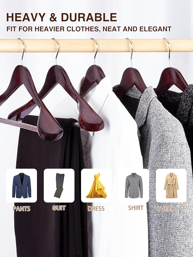 SMARTOR Suit Hangers for Men 8 Pack, Wide Shoulder Wooden Suit Hangers with Non Slip Pant Holder, Wide Hanger for Suit, Coat, Jacket, Gown, Heavy Duty Wood Suit Hanger, Cherry