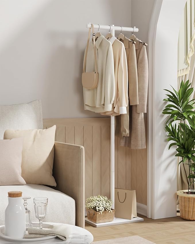 T-shaped Coat Rack Freestanding, Modern Clothes Rack with Rock Slab Base, Heavy-duty Metal Coat Tree for Boutiques, Hallway, Entryway, 68.9 Inches High, White, GYJ001W