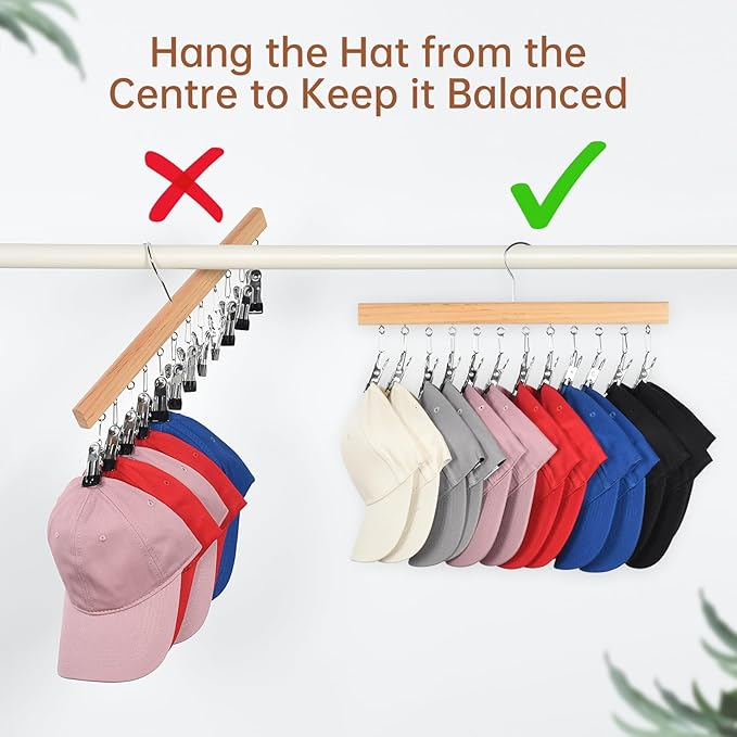 OTraki Hat Hangers for Closet, 2 Pack Wooden Hat Organizer Hanger Rack for Baseball Caps with 10 Clips and 16 Hooks, Baseball Hat Holder for Closet Storage Fits All Caps