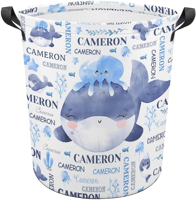 Whales Laundry Basket,Personalized Laundry Hamper for Boys Girls,Custom Laundry Basket With Name, Customized Dirty Clothes Hamper for Bathroom Bedrooms,S-16.5"X 13.8"