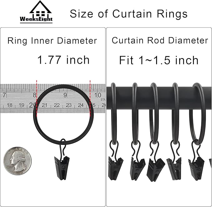 40 Pack Black Curtain Rings with Clips, Curtain Hooks Hangers Clip Rings for Hanging Drapes Bows Hat, Drapery Rings 1.77 in I D, Fits up to 1.5 in Diameter Curtain Rod.