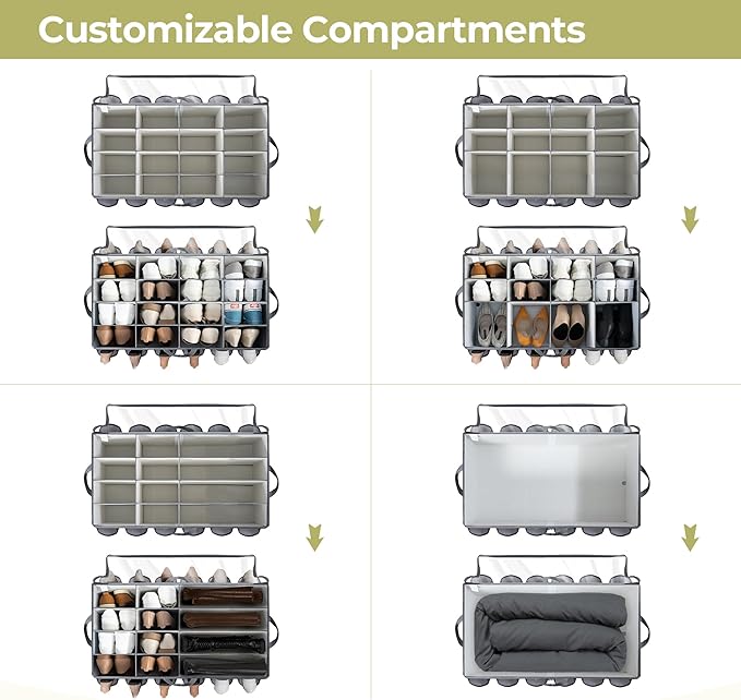 Shoe Organizer for Closet, Shoe Storage Solution with Clear Cover & Adjustable Dividers, Fabric Shoe Box Fits 16 +12 Pairs Shoes, Grey, 1-Pack